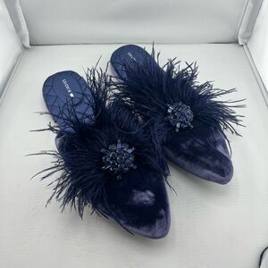 NWT Birdies Dove Feathered Brooch Mule In Blue Depths Ostrich Feather Velvet